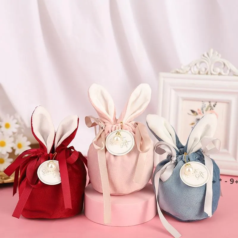 Bröllopsgåva Wrap Candy Rabbit Ears Velvet Påskväska Cookie Package Box Companion Handlådor Crad Pearl Retur Gifts Handväskor RRB13326