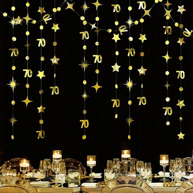 Decorazione per feste 13Ft Gold 70th Birthday Banner Decor Numero di carta 70 Ghirlanda di stelle per papà Mamma Anno settantesimo anniversario