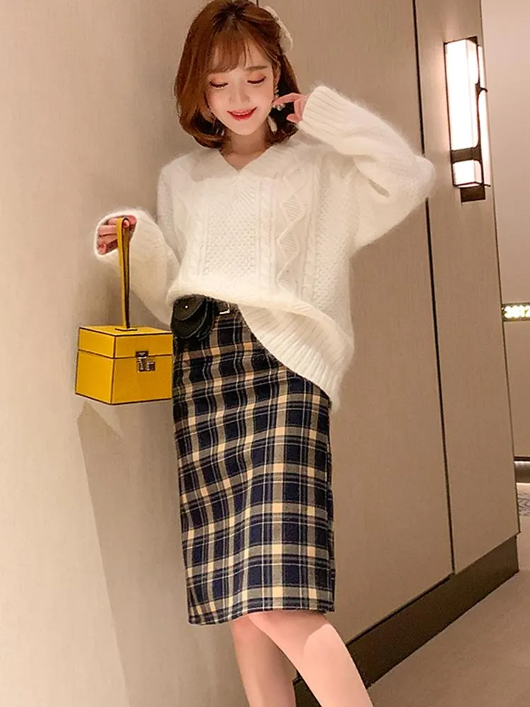 直営販壳サイトです 女性のトラックスーツ怠惰なスタイルのvネック緩いオールマッチセーター ハイウエストレトロな格子縞スカートスーツの女性21秋と冬 今だけセール Cafebuenavista Com
