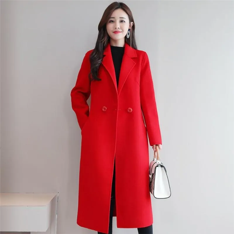 Fashion lapel collar red blue check printed woolen loose long coat sales