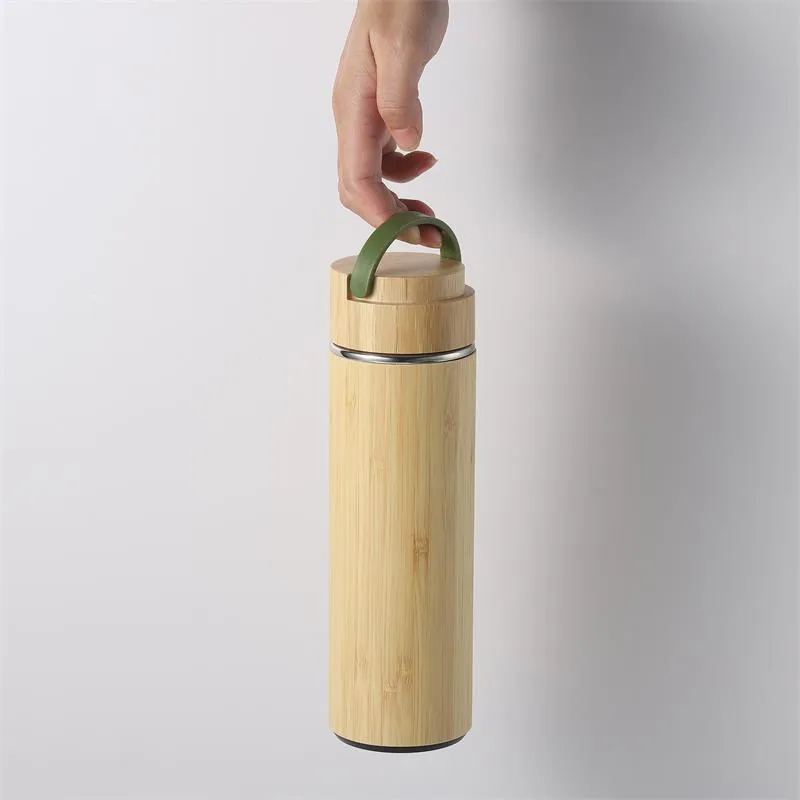 Bamboo Vacuum Insulated Water Bottles 450ml Stainless Steel Thermos with Tea Strainer for Office