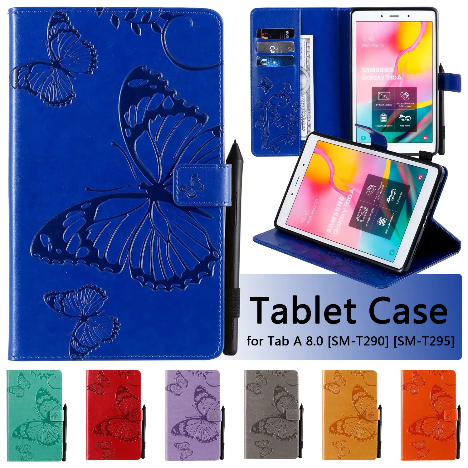 Samsung Galaxy Tab T220/T500/T290/T510/T590/P200 3D Butterflyエンボス加工PUレザーフリップキックスタンドカバー付きカードスロットのための衝撃防止錠剤ケース