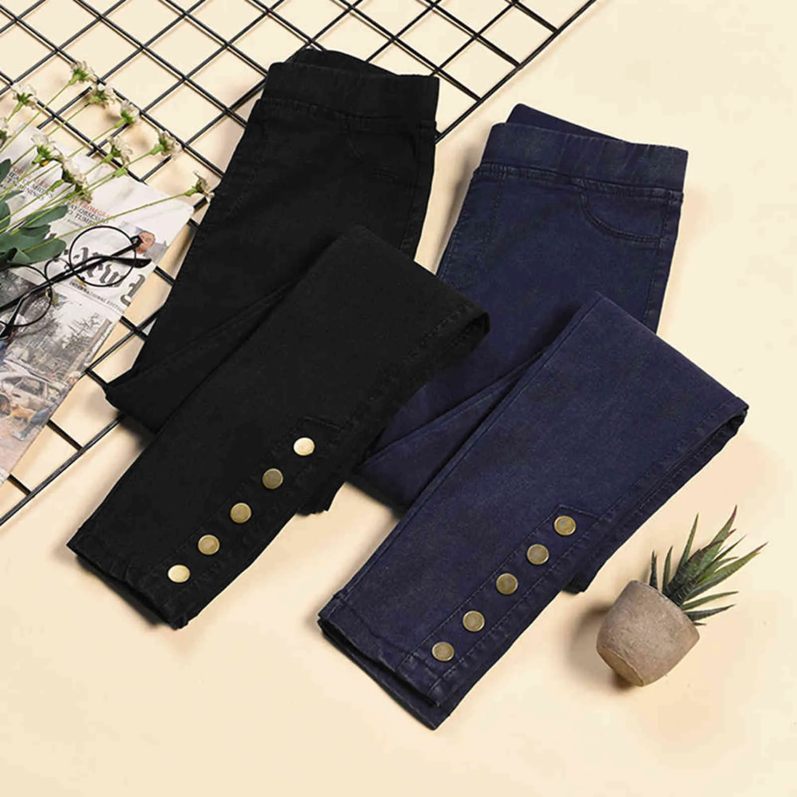Mulheres imitação jeans lápis calças esticar cintura alta com botões além de tamanho magro leggings femininos calças casuais 211124