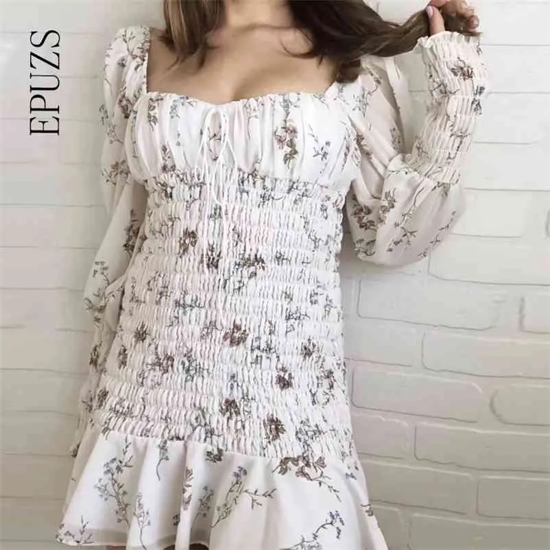 Summer dress Vintage white floral print Dress women sexy mini elastic wasit ruffles summer chiffon korean boho 210521