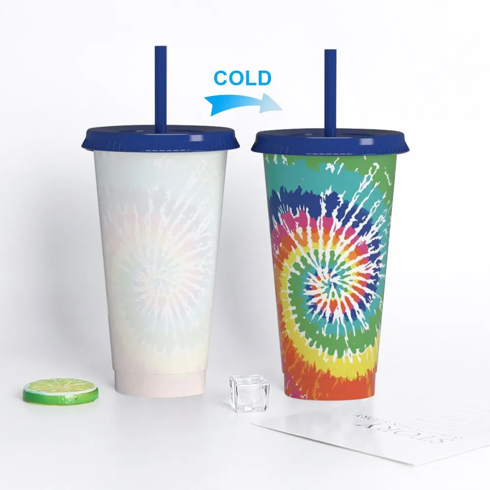 24OZ Color Change Tumblers Plastic Drinking Juice Cup With Lip And Straw Magic Coffee Mug colors changing pp cup