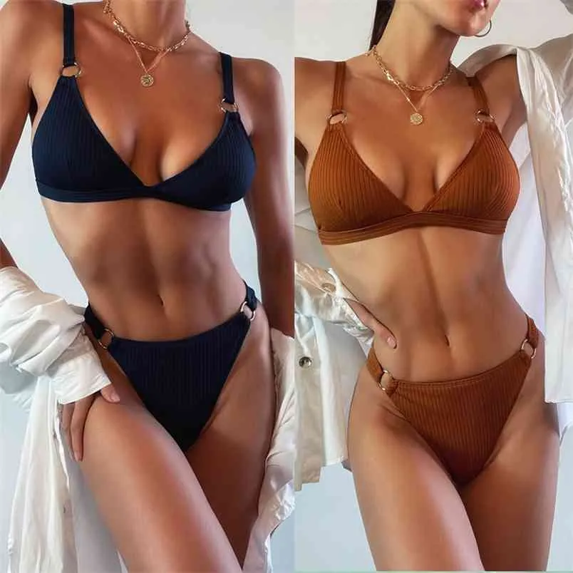Metal Ring Sling Knitted Ribbed Swimsuit Sexy Low Waist Bikini Swimwear 2 Pieces Summer Ladies Backless Brown Bodysuit 210604