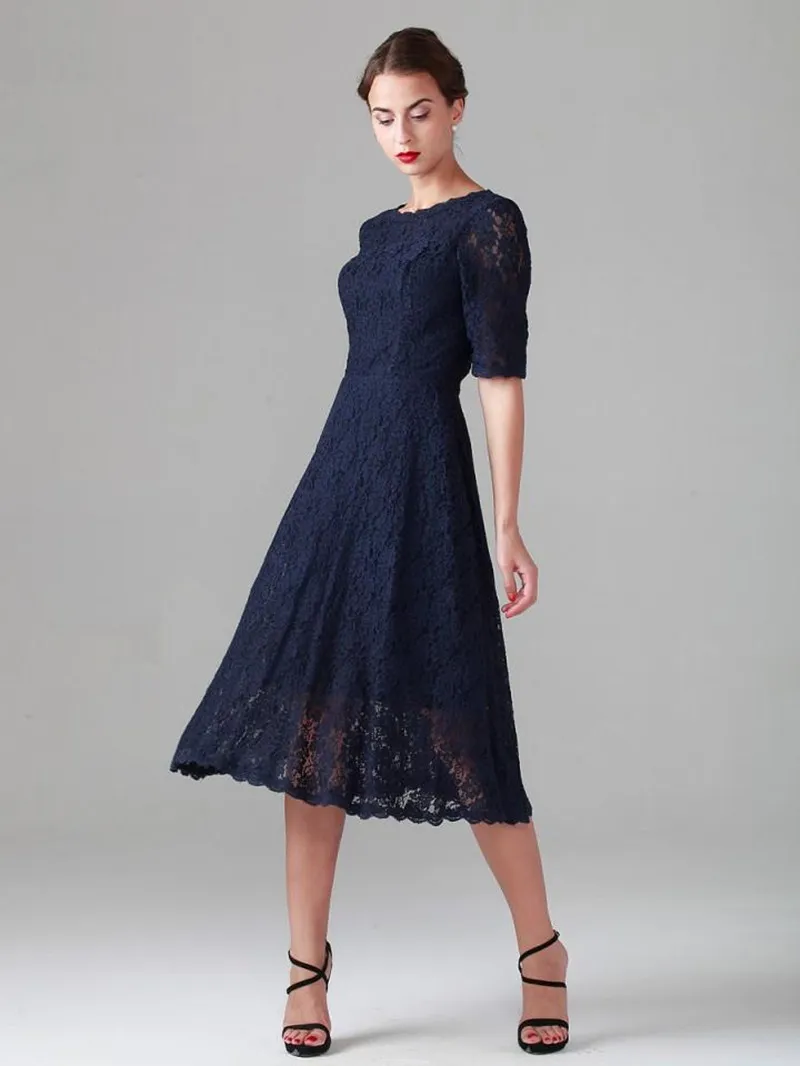 Navy Blue Tea-length Lace Mother of the Bride Dresses Vintage Half Long Sleeve Beach Bridesmaid Bridal Party Evening Gowns