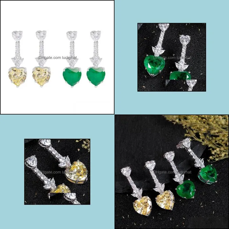 100% 925 sterling silver classic retro heart-shaped emerald yellow diamond earrings ladies engagement gift exquisite jewelry