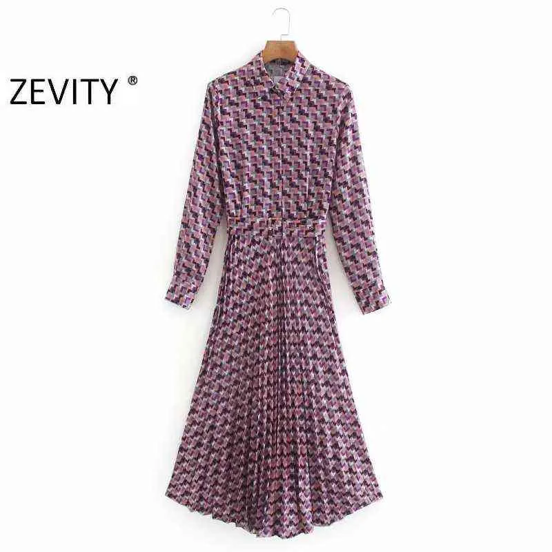 Zevity Nya Kvinnor Vintage Geometrisk Utskrift Casual Sashes Skjorta Klänning Chic Kvinna Långärmad Pläterad Vestidos Party Dresses DS4157 Y1204