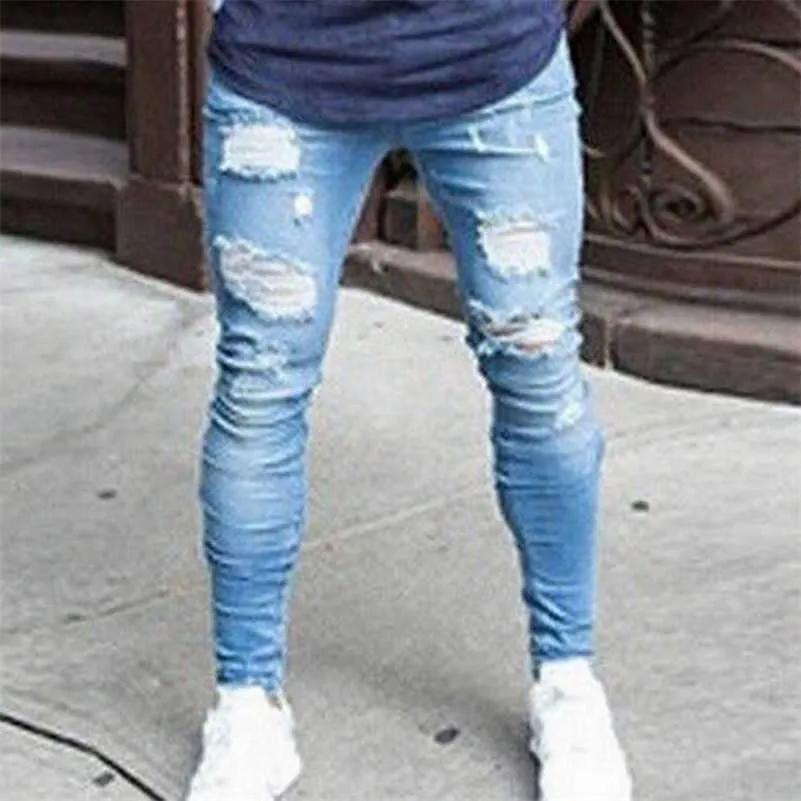 ファッションストリートウェアメンズジーンズ破壊されたデザイン鉛筆パンツ足首スキニー男性全長ジーンズ211011
