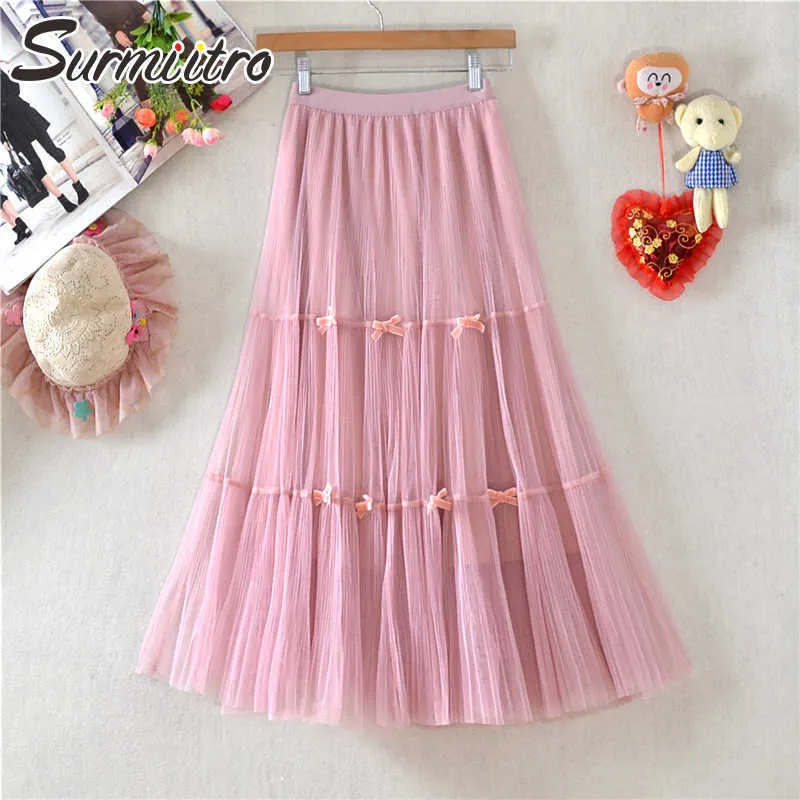 Surmiitro sommar midi lång tulle kjol kvinnor koreansk stil rosa mesh hög midja mittlängd en linje pläterad kjol kvinna 210712