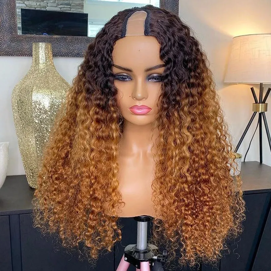 Middle Part Ombre Jerry Curl 1x4 Machine Made Uparts Human Hair Wigs For Black Women 250density Ombres Honey Brown U Shape Wigs 30 Ince 100% obearbetad kinky curly