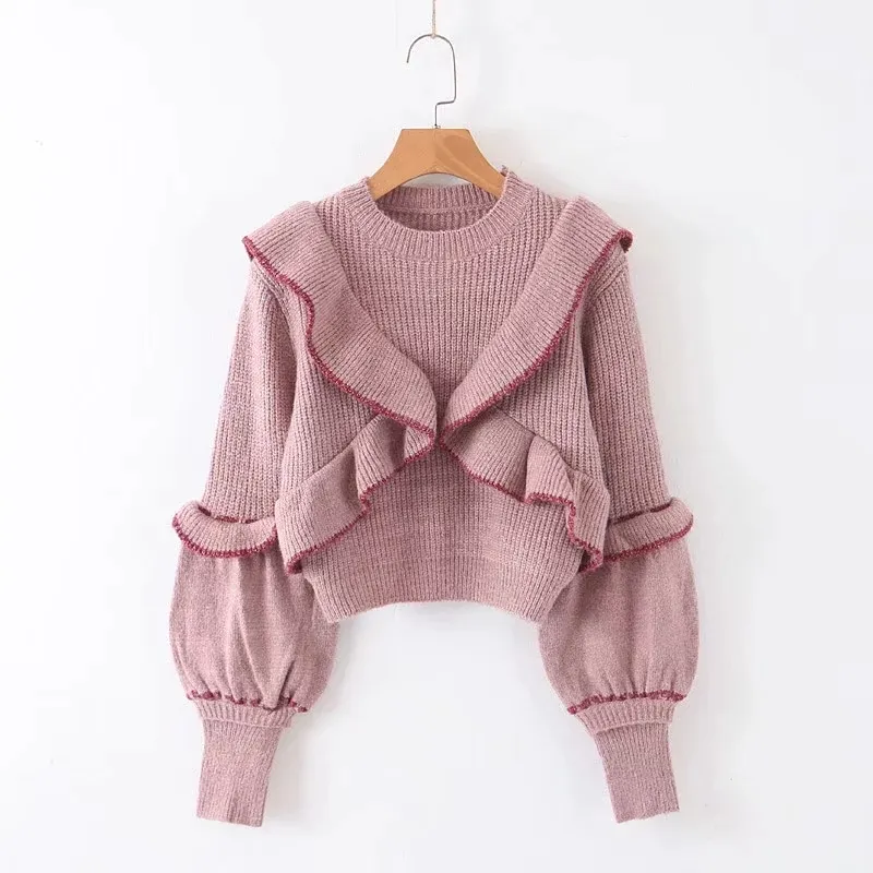 Сладкий женский свитер вязаные пуловеры с длинным рукавом экипаж шеи розовый серый рюшачья слойка зима M0206 210514