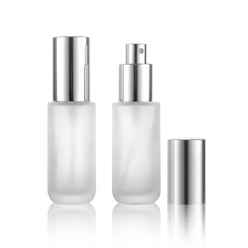 Bouteille de parfum ou de Cologne rechargeable en verre givré, rechargeable, 30ML, 30G, 1 Oz, vide avec pulvérisation à brume Fine métallique argentée, 2021