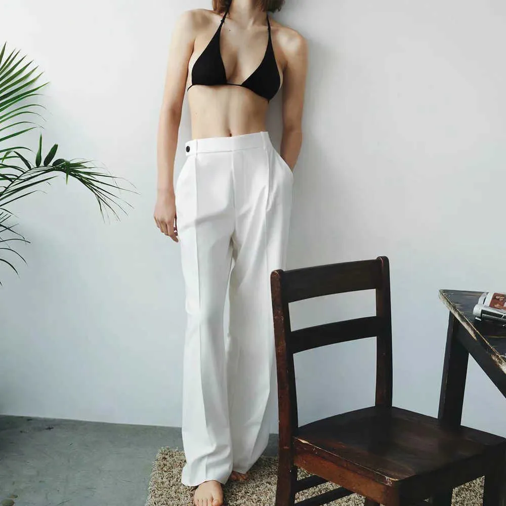 ZA 2021 여성 스트레이트 느슨한 전체 길이 높은 허리 바지 패션 포켓 사무실 흰색 탄성 허리 넓은 다리 바지 Mujer Q0801