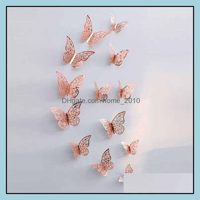 Inrichting Garden12pcs / Set Rose Gold 3D Hollow Butterfly Muursticker Huis Butterflies Stickers Kamer Decoratie voor Party Bruiloft Decor Drop De