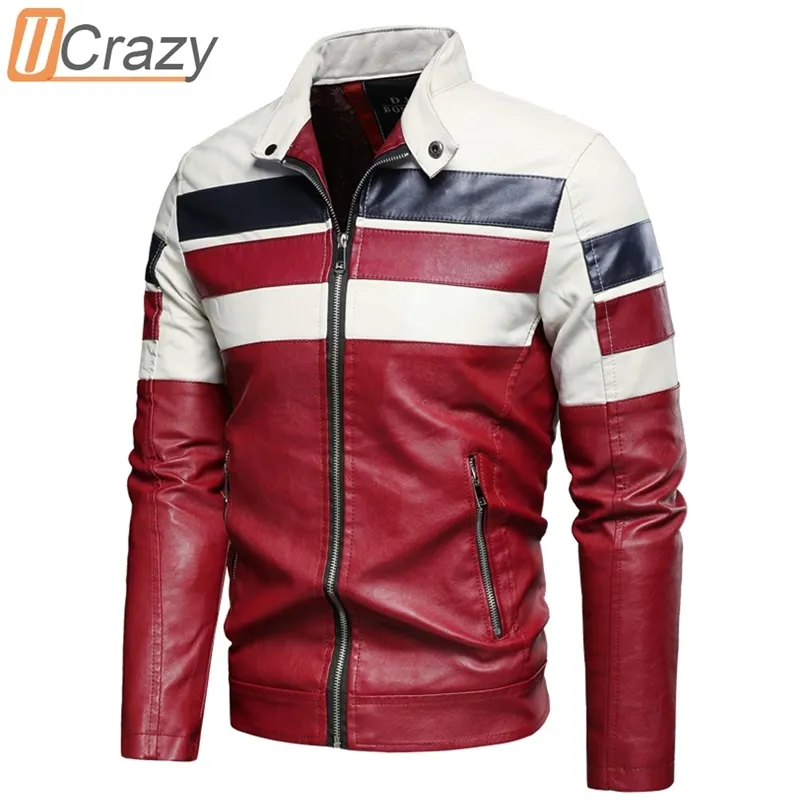 Ucrazy Männer Herbst Casual Vintage Motor Gespleißt Leder Jacke Mantel Männer Winter Mode Biker Warme Leder Jacken Mantel Männer 211222