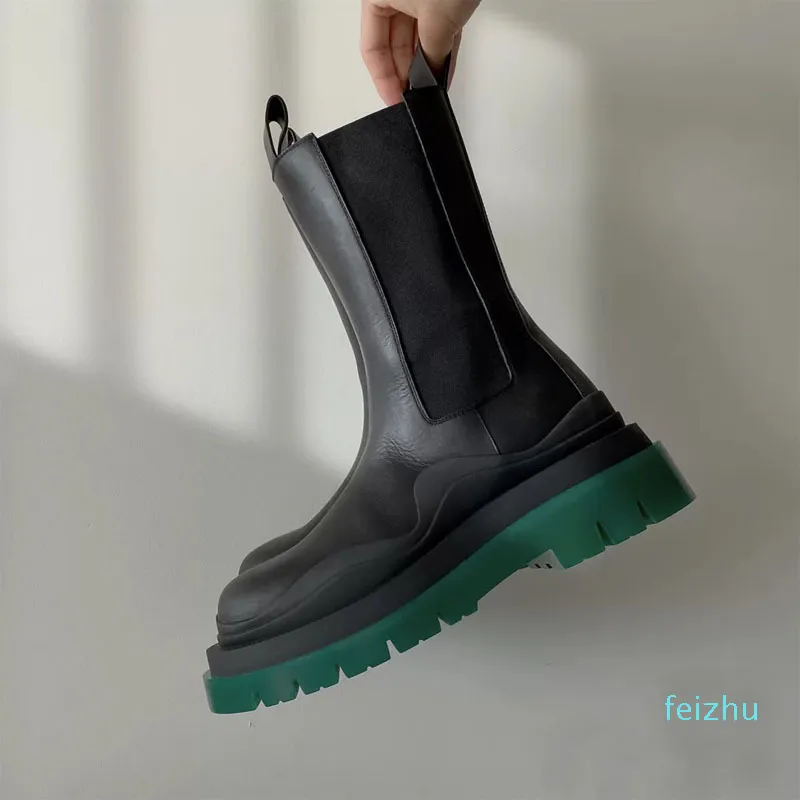 أحذية الطفل الأخضر أسفل الجلود 2021 أسود الأنبوب الأوسط تشيلسي الأحذية الكعك سميكة أسفل السيقات الإناث
