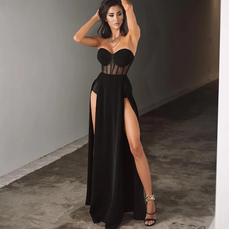 Casual Dresses Spring 2022 Summer Women Sexy Maxi Dress Party Mesh Black Sleeveless Club Strapless Split Backless Bodycon Long Female