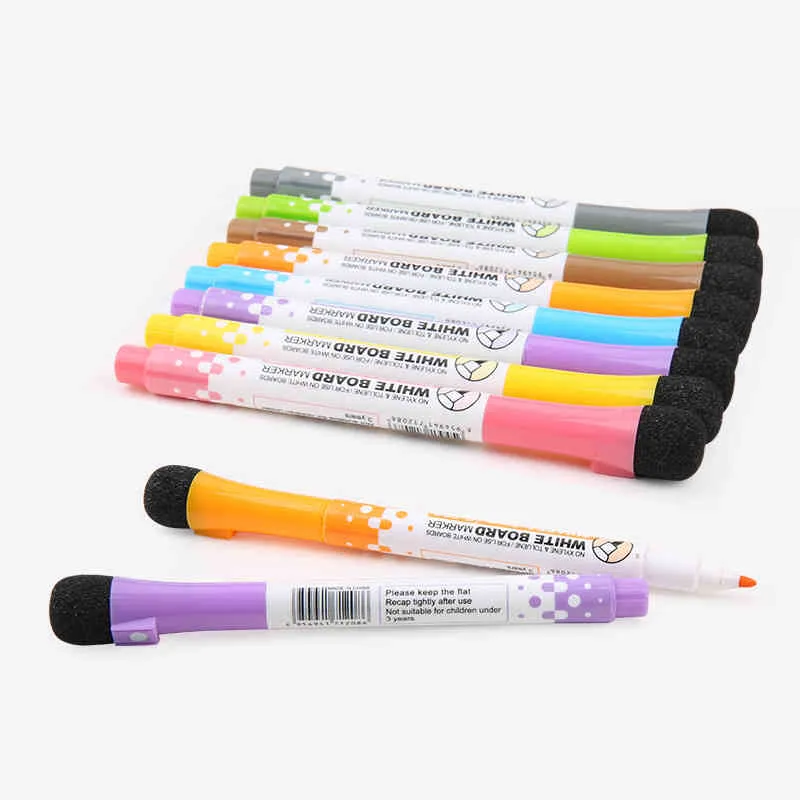 Magnetiska färgglada raderbara whiteboard pennor markör torra suddgummi barn ritning penna styrelseledare med raders skola klassrum kontorsmaterial 12pcs / set hy0050