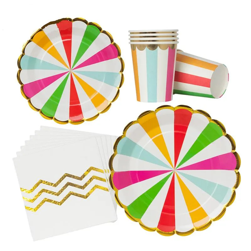 Disposable Dinnerware Cartoon Colorful Striped Tableware Party Paper Plates Baby Shower Birthday Supplies Cups