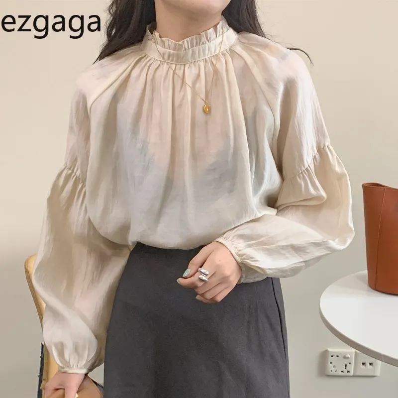 Ezgaga Tender Bluzka Kobiety Chic Rękaw Puff Rękaw Koreański Topy All-Match Solid Loose Cienka Biuro Lady Koszule Elegancka Wiosna Moda 210430