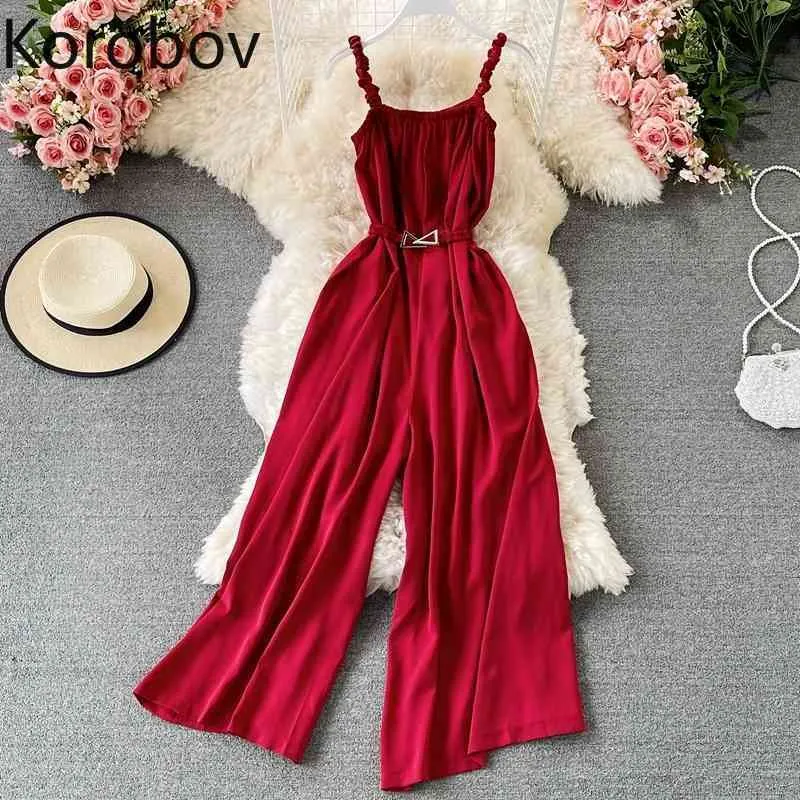 Korobov Ny mode sommar eleganta kvinnor playsuits koreanska sashes lacing slim jumpsuits spaghetti rem rompers 210430