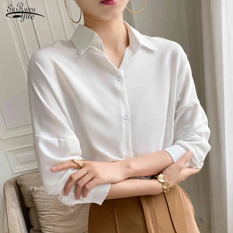 Casual Plus Size Solid Chiffon Blouse Dames Office Cardigan Losse Shirts met lange mouwen Elegante witte Tops Blusas 9862 210508