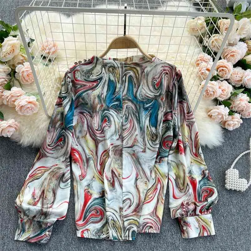 Zomer stijl verticale textuur temperament vestidos vrouwelijke chiffon retro lantaarn mouw blusa luie bloem shirt GK148 210506