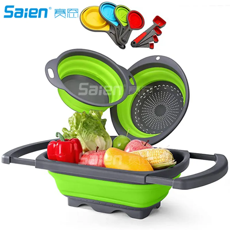 Scolapasta pieghevoli Set in silicone da 11 pezzi, cucina da campo Include 1 pezzo da 6 qts. Sopra il filtro del lavandino, 2pc 4 qt. Filtri e set di 8 misurini e cucchiai, senza BPA, verde