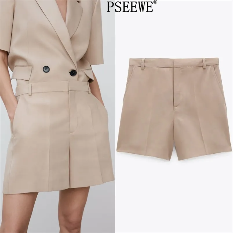 Kvinnors Shorts Beige Bermuda High Waist Korta Kvinnor Elastiska Midja Band Zip Fly Office Casual Black Woman 210519