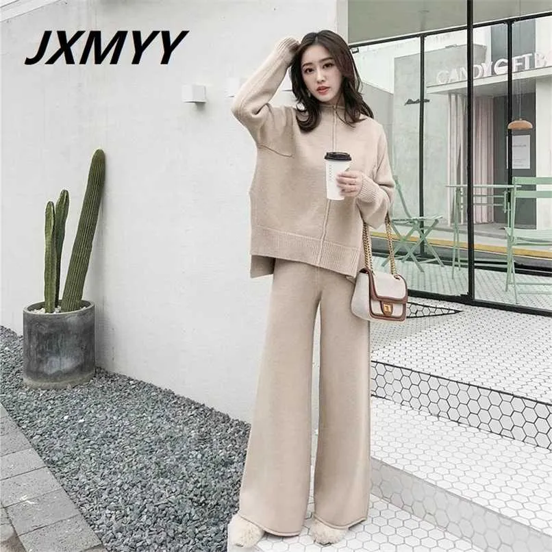 Drape Stickning Wide-Legged Pants Suit Two-Piece Women Winter Cashmere Sweater Wide-Legged Pants Western Style Passit 211116