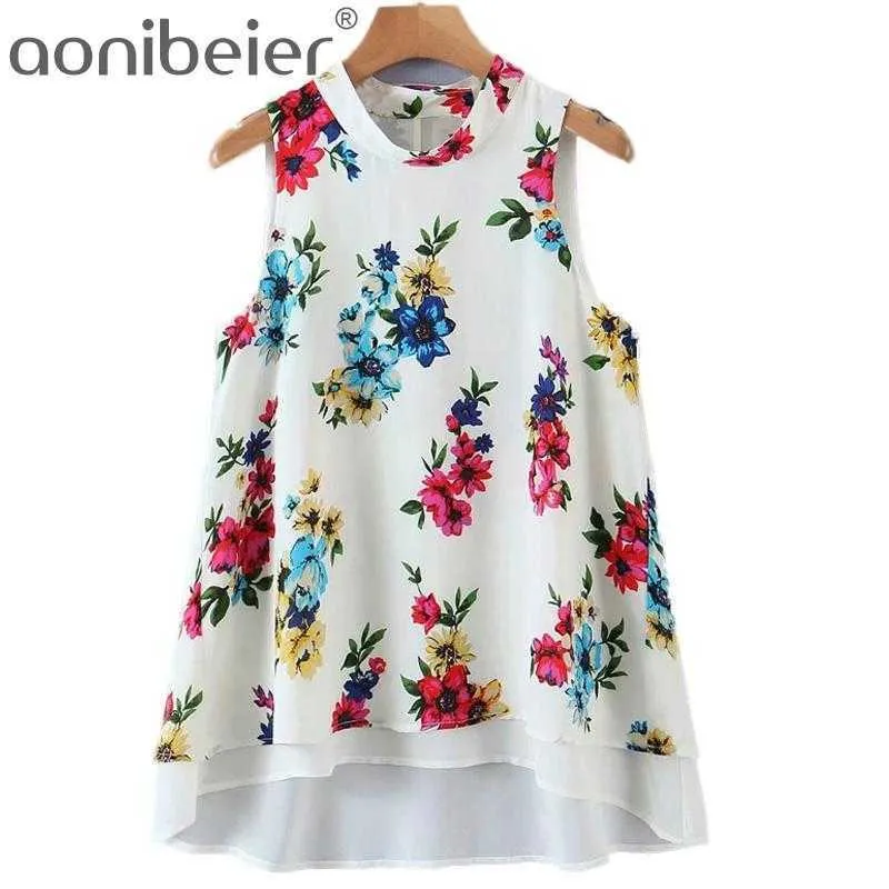 Flowers Print Sleeveless Shirts O-Neck Loose Pullovers Summer Casual Beach Tops Wrap Back Two Layered Women Blouses 210604
