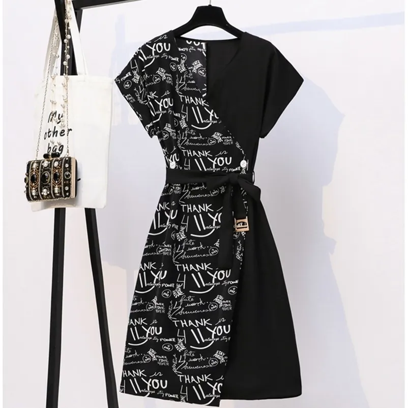 Kadın Siyah Mektup Baskı Midi Elbiseler Kadın Yaz Vintage Artı Boyutu L-5XL Ofis Bayanlar Elbise Kemer ile Zarif Parti Vestidos 210520