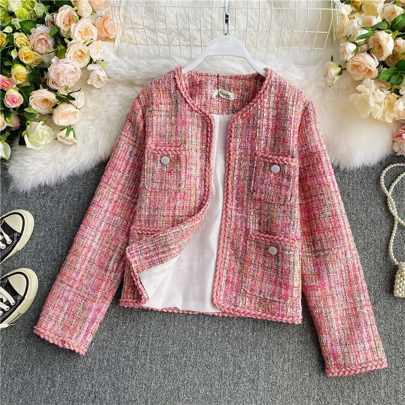 Kvinnors Jackor Höst Fashion O-Neck Långärmad Rosa Färg Lurex Patchwork Tweed Woolen Short Ol Jacka Coat Casacos ML