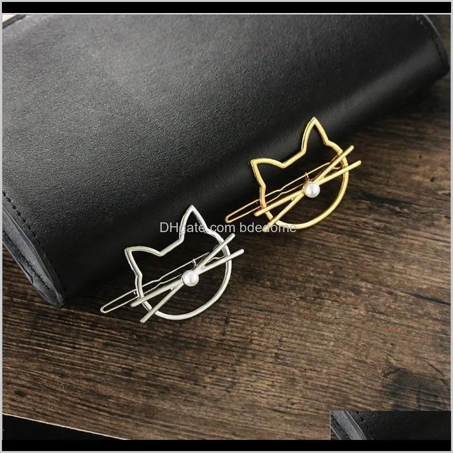 simple line figure cat head with plastic pearl hairpin gold or silver plated for women girls hair clip