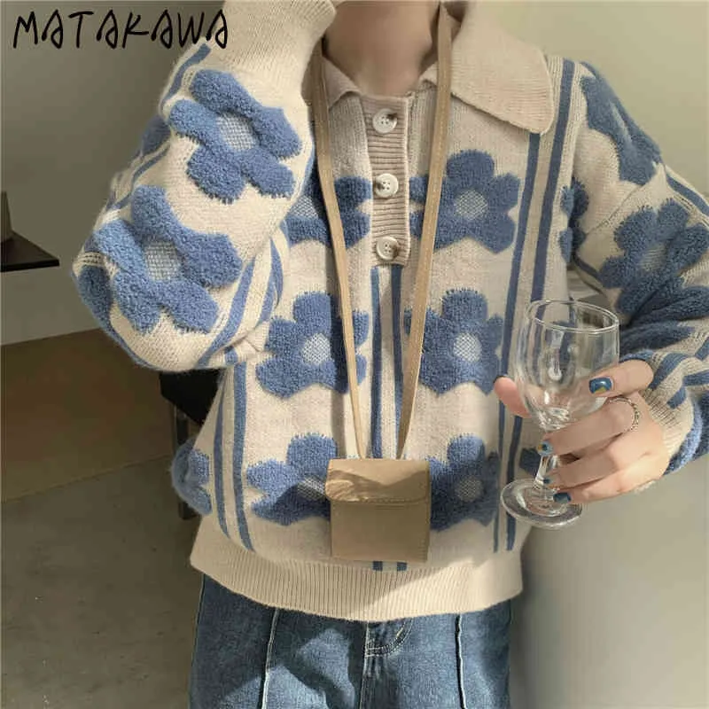 MATAKAWA Lapel Women's Sweater Spring Loose Outer Wear Sweaters Hedging Thick Long-sleeved Print Pullovers 210513