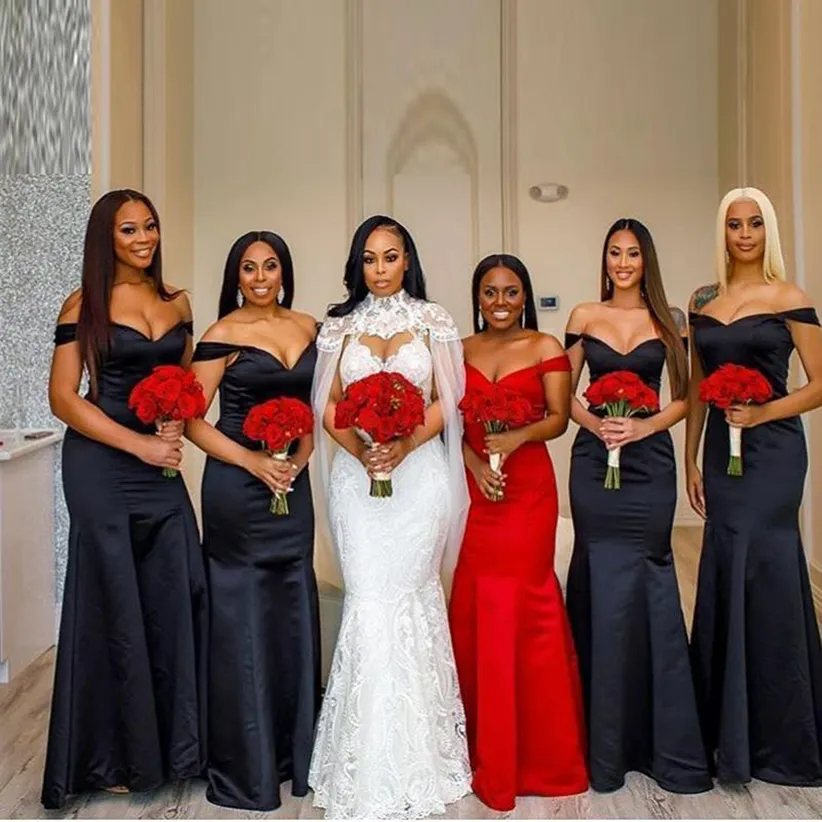 Save Big on Bulk Mermaid Bridesmaid Gowns Black Mermaid Bridesmaid Dresses  Off The Shoulder Satin Floor Length Custom Made Maid Of Honor Gown For