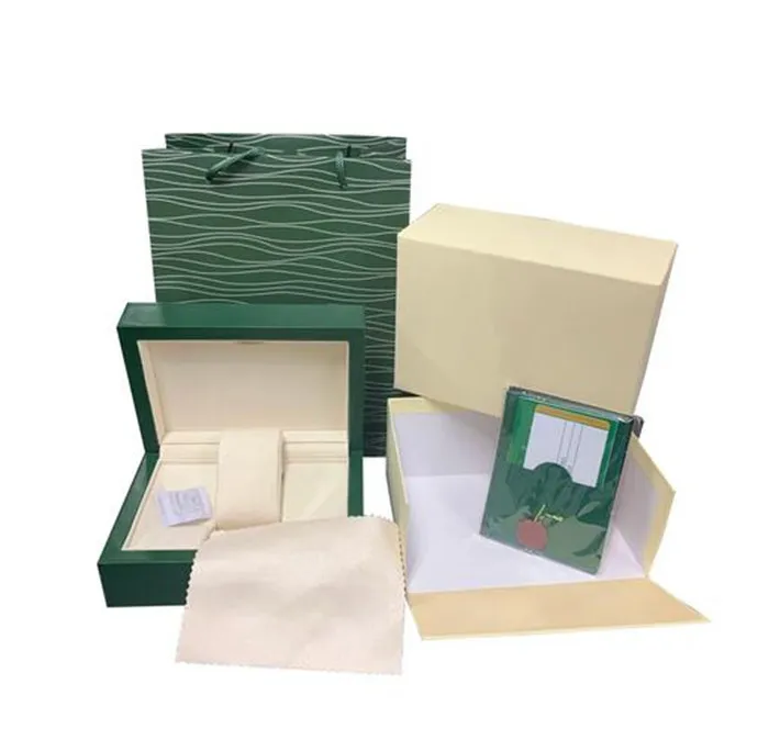 Fournisseur d'usine Marque de luxe Vert avec boîtiers de montre en bois d'origine Boîte Papiers Carte Portefeuille Boîtes Cas Montre-bracelet Rolex Montres G288o