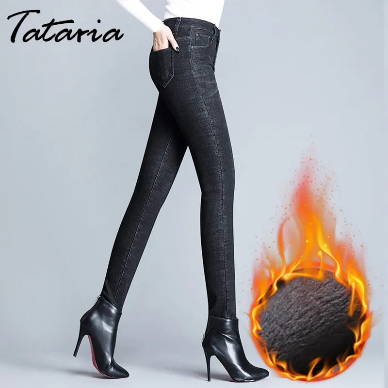 Tataria kvinnor vinter jeans kvinnlig hög midja skinny varm tjock för plus storlek Velvet denim pants fleece 210514