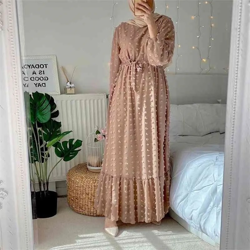 Siskakia Solid 3D Pompon Maxi Długa sukienka dla kobiet Spadek O Neck Pełny Rękaw Muzułmański Duabi Turcja QTar Oman Arabskie Odzież 210325