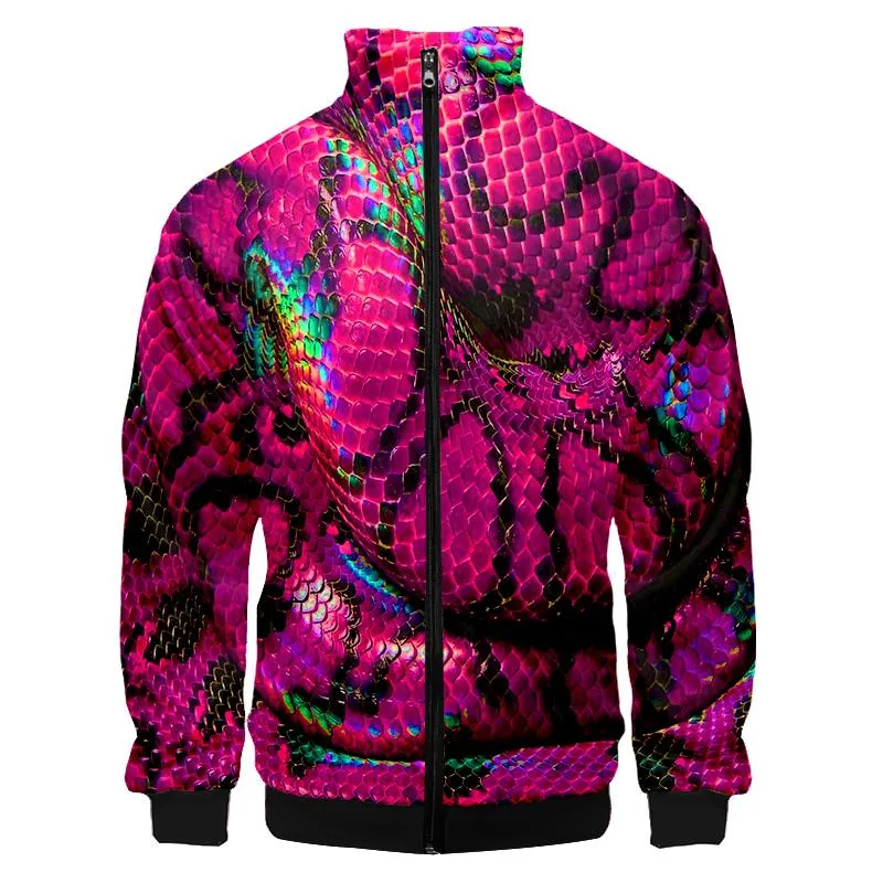 Men's Jackets Man's Jacket Long Sleeve Funny 3D Printed Pink Snake Skin Streetwear Plus Size High Collar Clothes Man Autumn Coat 4xl