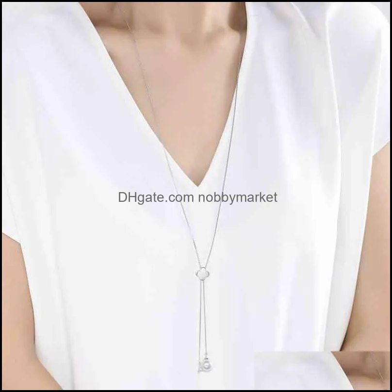 Silver plated S925 Necklace female clover synthetic pearl sweater chain long autumn and winter accessories Korean high sense