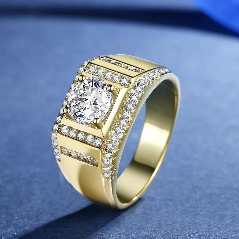 Klaster pierścienie 24K Pure Gold 1.25 Pierścionek z brylantem dla mężczyzn Biżuteria 925 Srebrna Rocznica ślubu Akcesoria Prezent 2021 Trend
