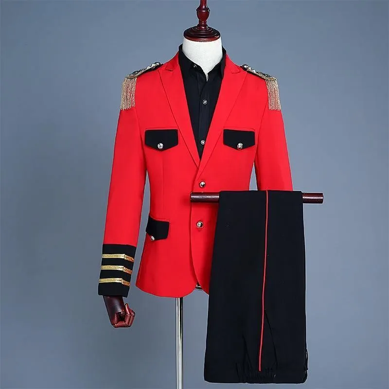 Męskie Garnitury Blazers Classic Europe Królewski Sąd Kostium Czerwony Slim Fit With Spodnie Epaulet Tassel Stage Party Wear