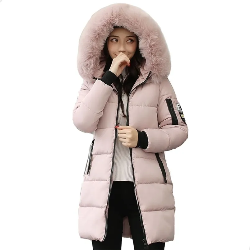 giacca invernale da donna lunga con cappuccio allentata con collo in pelliccia parka spesso caldo in cotone imbottito cappotto da donna moda femminile parka 211018