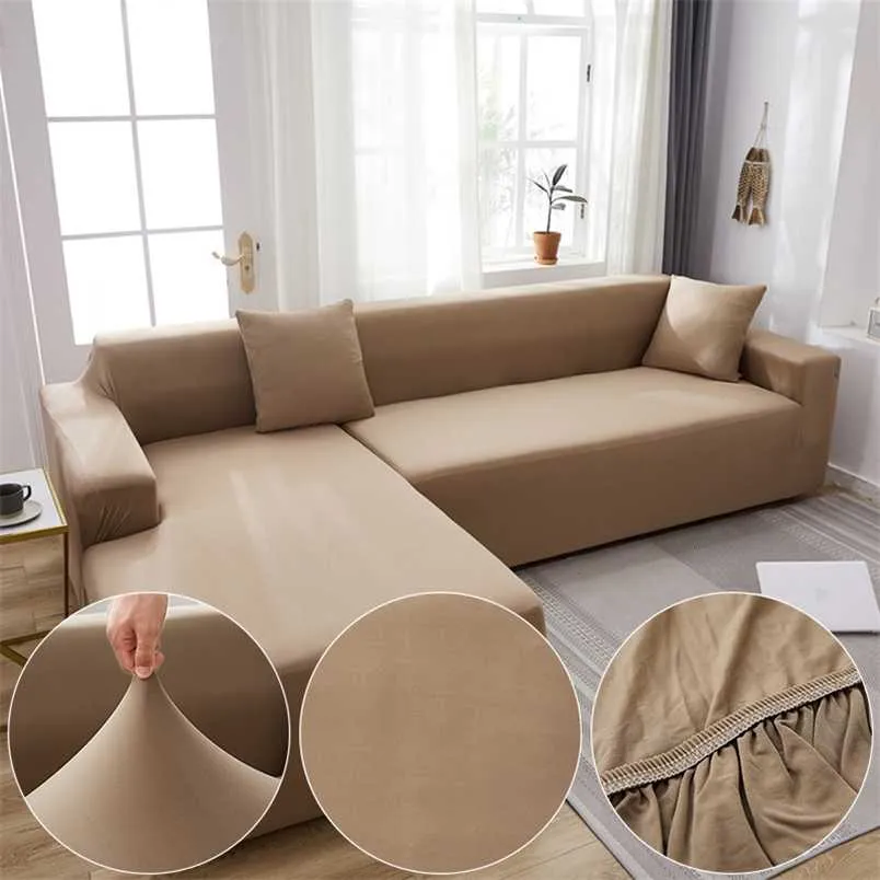 Khaki Solid Color Sofa Cover voor Woonkamer Funda Sofa All-inclusive Polyester Moderne Elastische Corner Couch SnowCover 45009 211102