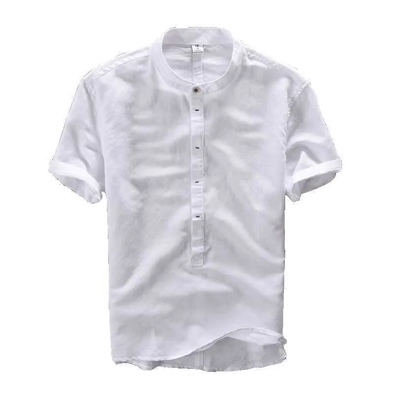 T-shirt uomo manica corta in cotone lino casual top collo alla coreana tinta unita magliette abbigliamento estivo maschile Harajuku 210601