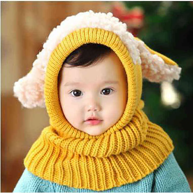 Children Winter Fur Pom Hat Kids Toddler Boy Girl Hooded Scarf Caps Cute Hats Cotton Knit Bobble Beanie Cap Scarf Y21111