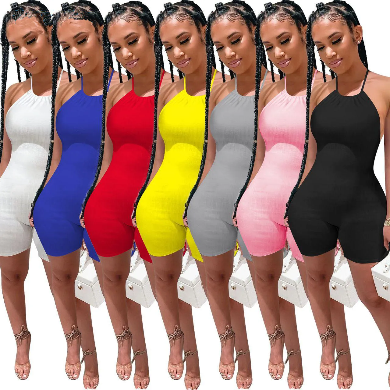 Kvinnor Jumpsuit Designer U-Neck Summer Style Hängande Neck Shorts Byxor Fashion Strapping Rib Öppna Sexiga Slim Rompers 835